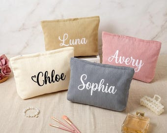 Personalisierte Kosmetiktasche aus Cord mit Namensstickerei, monogrammierte Kulturtasche, Geschenk für Brautjungfern, Beauty-Tasche für den Junggesellinnenabschied