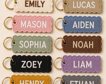 Personalisierter Namens-Schlüsselanhänger aus Cord, bestickter Schlüsselanhänger, ästhetischer Taschenanhänger, neutraler Boho-Schlüsselanhänger, individuelles Geschenk für Sie, Ihn und Kinder