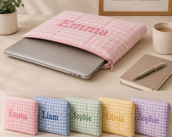 Personalisierte Laptoptasche mit Vichy-Karo, Laptoptasche mit individueller Namensstickerei, gesteppte Laptophülle mit Karomuster, süßes Geschenk für sie, Laptoptasche mit Reißverschluss