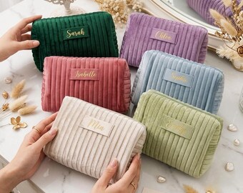 Personalisierte Kosmetiktasche aus Samt, Namensgravur in Goldfolie, elegante Reise-Kulturtasche, Geburtstags- oder Hochzeitsgeschenk für Sie