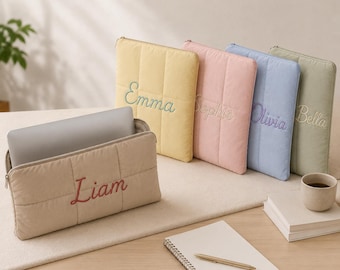 Personalisierte, gesteppte Laptoptasche, individuell bestickte Laptop-Hülle mit Reißverschluss, einfarbige Reißverschlusstasche, minimalistisches Geschenk für sie