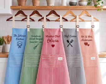 Personalisierte bestickte Schürze, Küchenschürze mit individuellem Namen, gestreifte Kochschürze, personalisierte Backschürze, Geschenk für Köche (Frauen/Männer)