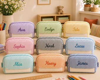 Personalisiertes Federmäppchen aus Seersucker, Stifteetui mit individuellem Namen für Kinder, Schultasche mit großem Fassungsvermögen, Geschenk zum Schulanfang für Jungen und Mädchen