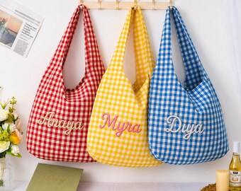 Personalisierte Strandtasche mit Vichy-Karo, individuell bestickte, lässige Tragetasche, Reisetasche für Freundinnen, bestickte Urlaubstasche mit Monogramm, wiederverwendbare Tragetasche