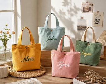 Personalisierte Mini-Tragetasche aus Cord mit Namensaufdruck, kleine, bestickte Handtasche, trendige Alltagstasche, Lunchtasche für Damen