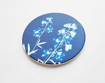 Cyanotype Ceramic Coaster – Absorbent Blue Floral Botanical Art (4 Handmade Designs: Larkspur, Primrose, Petunia, Sea Lavender)