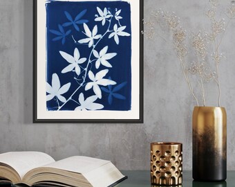 Passion Vine Art Print – Botanical Cyanotype, Blue Floral Decor