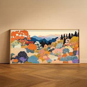 Large Panoramic Nature Canvas Wall Art, Kusama Inspired Abstract Dotted Forest Painting, Japanese Modern Style Landscape Decor