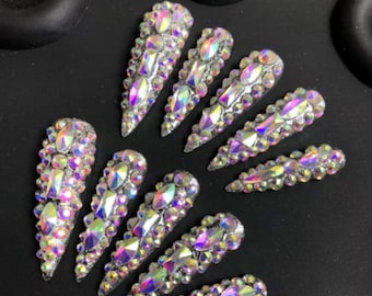 Handmade Full Crystal Rhinestone Press-On Nails – Luxury 3D Diamond-Encrusted Long Stiletto Design