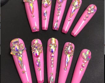 Handmade Pink Luxury Press-On Nails – Coffin Shape with 3D Crystal Rhinestone Embellishments