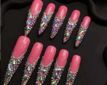 Handmade Pink Rhinestone Press-On Nails – Long Stiletto with Luxury Crystal-Encrusted Tip