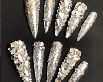 Handmade Silver Glitter Press-On Nails – Long Stiletto with 3D Crystal Rhinestone Embellishments