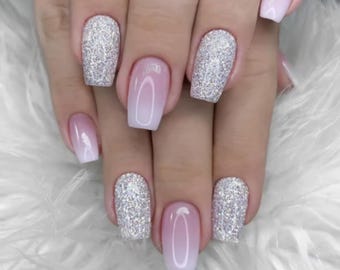 Handmade Pink Ombre Square Press-On Nails with Silver Glitter Accent