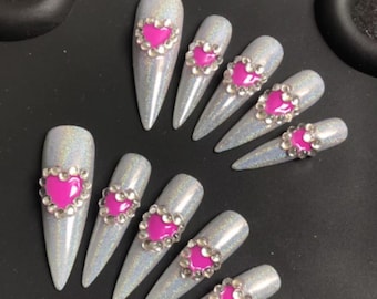 Handmade Silver Glitter Press-On Nails – Long Stiletto with Pink Heart & Pearl Accent Design
