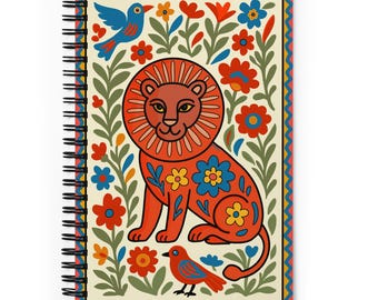 Leo Zodiac Notebook. Folk Art-Inspired Hand-Drawn Spiral Journal for Everyday Ideas. Zodiac Art Collection.