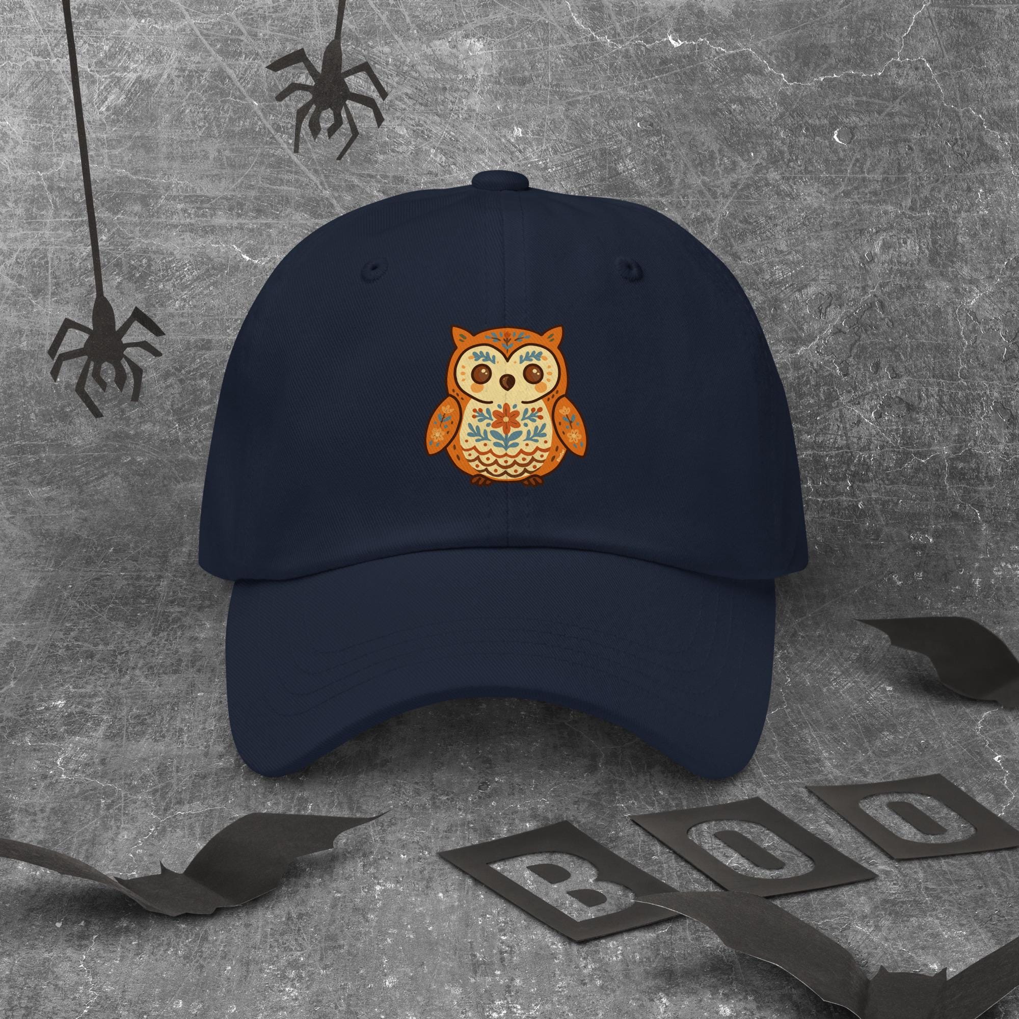 Folk Owl Dad Hat: Hand-Drawn Autumn Design, Chino Cotton Twill