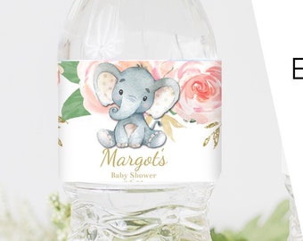 May include: Water bottle with a label featuring a baby elephant illustration, surrounded by pink roses and gold accents. The label reads "Margot's Baby Shower." Text on the image says "Edit, Download & Print Today!" and "Included: Editable Bottle Labels Size: 2" x 8" 5 per page."