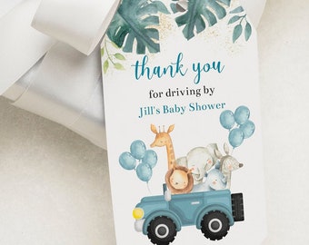 Editable Drive by Baby Shower Favor Tag Safari Animal Drive Through Gift Tag Drive-By Baby shower Thank you tags Parade Instant Download