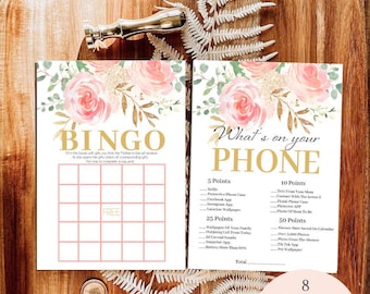 Jeux de baby shower floral rose poudré, lot de jeux de baby shower rose et or, bingo à fleurs fille, téléchargement immédiat, impression numérique