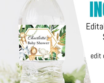 EDITABLE Safari Baby Shower Bottle Label Jungle Animals Water bottle labels Digital Wild one Instant download template Tropical Theme JS01