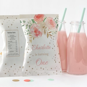 Blush Flower Baby Shower Birthday Chip bag template, Girls Birthday Favors, EDITABLE, Blush Pink Floral, Glitter Chip Bag, Bridal Shower