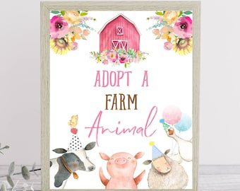 Adopt a Farm Animal Party Sign, Farm Birthday Sign Favors, Barnyard Birthday Farm Animals, Girl Favor Sign, Pink Farm Party PRINTABLE