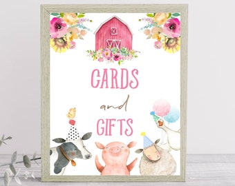 Cards And Gifts Farm Birthday Sign Barnyard Table Sign Floral Farm Animal Favor Sign Pink Barn Petting Zoo Decor Instant Download