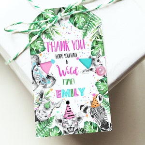 EDITABLE Party Animals Favor Tag, Thank you tags, Gift Tags, Girl Birthday favor Printable , Wild One Safari Animals, Wild Time Party Tag