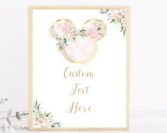 Editable Floral Gold Pink Mouse Printable Custom Sign, 8x10 Two dles table sign, Watercolor Pink Girl Mouse Birthday sign