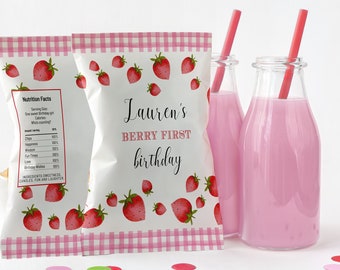 Strawberry Birthday Chip bag template, Girls Birthday Favors, EDITABLE, Berry First Farmers Market Girl Birthday, First Birthday Chip Bag