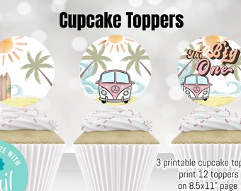 The Big One Surf Cupcake Toppers Retro Girl Surf Birthday Vintage Surf Birthday Surfing First Birthday Boho Beach Birthday Big One SG101