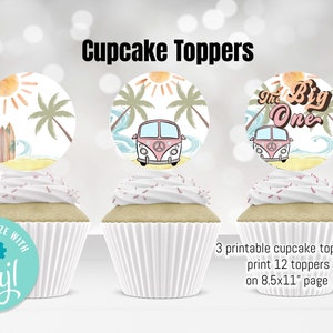 The Big One Surf Cupcake Toppers Retro Girl Surf Birthday Vintage Surf Birthday Surfing First Birthday Boho Beach Birthday Big One SG101