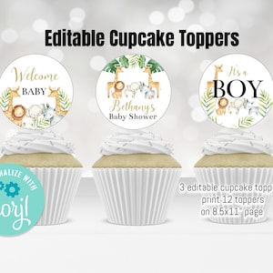 EDITABLE Safari baby shower Cupcake Toppers, Gender neutral Jungle Baby Shower Decorations, Birthday Cake toppers Instant download Printable
