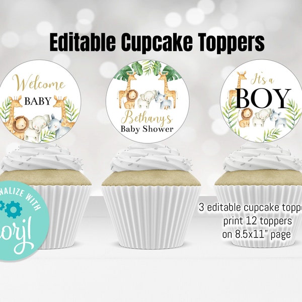 EDITABLE Safari baby shower Cupcake Toppers, Gender neutral Jungle Baby Shower Decorations, Birthday Cake toppers Instant download Printable