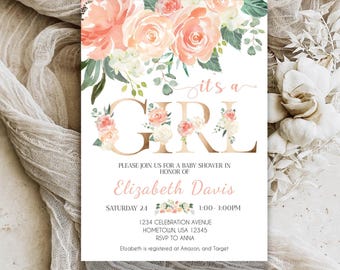 EDITABLE Invitation Blush Pink Floral Baby Shower Invitation It’s a girl Printable Baby Shower Invite Template, Sweet Girl Instant Download