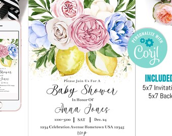 Puede incluir: Una invitación de baby shower imprimible de 12,7 x 17,8 cm con un diseño de acuarela con limones, flores rosas y azules y purpurina dorada. El texto dice "Please Join Us For A Baby Shower In Honor Of Anna Jones 1:00-3:00 | SAT | Dec. 24 1234 Celebration Avenue Hometown USA 12345 To Nina 555-123-4567 Anna is registered at Amazon, and Target".