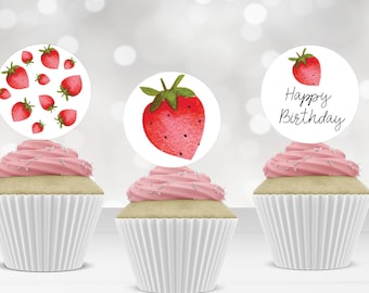 Strawberry Birthday Cupcake Toppers Favor Tags Girl First Birthday Party Decor Berry Sweet 1st Strawberries Download Digital PRINTABLE