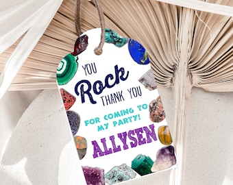 Editable Thank You Favor Tags, Printable Rock Gem Party Favor Tag Template, Geology mining birthday, Rock climbing party,  Instant Download