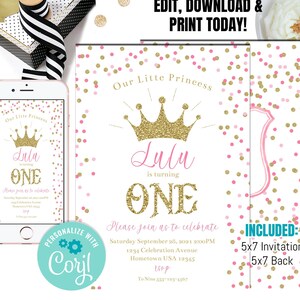 EDITABLE Little Princess Invitation Template, pink and gold confetti, Princess Crown Invite, Girl first birthday, INSTANT DOWNLOAD