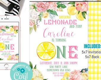 Bearbeitbare Sunshine Lemonade Geburtstagseinladung, Pink Girl Sunshine Party Lemonade Einladung, 1. Geburtstag, Mädchen Erster Geburtstag Druckbar