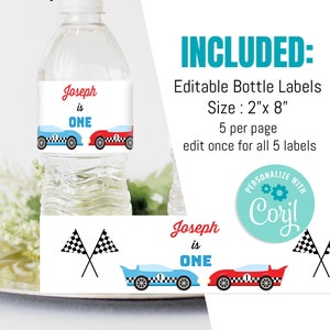 Editable Race Car Party Water Bottle Labels, Car Party Birthday Party Decor, Race Car Birthday Car Parade Bottle Wraps, Instant Download