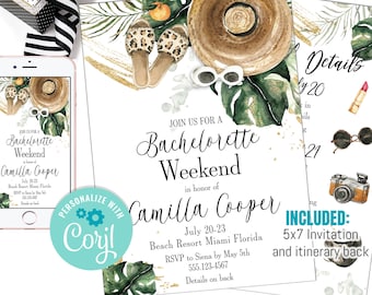 May include: A printable 5x7 invitation for a bachelorette weekend in Miami, Florida. The invitation features a watercolor illustration of a straw hat, sunglasses, sandals, and tropical leaves. The text on the invitation reads "Join us for a Bachelorette Weekend in honor of Camilla Cooper, July 20-23, Beach Resort Miami Florida, RSVP to Siena by May 5th, 555.123-4567, Details on back".