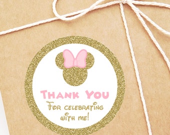 INSTANT DOWNLOAD Printable Glitter Mouse, 2" Circle Thank You Favor Tags, Gold Glitter Mouse Collection, Girl Birthday Mouse