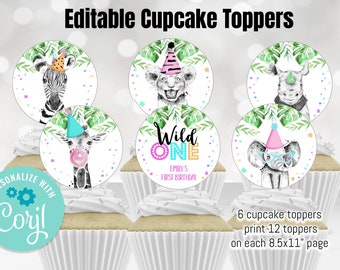 Editable Party Animals Birthday Cupcake Toppers Favor Tags Wild One Animals Zoo Safari Animals Girl Birthday Download Printable Digital