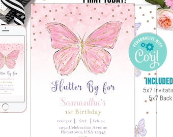 Bearbeitbare Schmetterling Geburtstagseinladung Schmetterling Einladung Garten Blumen Blumen Rosa Gold Mädchen Download Druckbare Vorlage Corjl