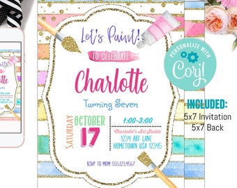 Paint Party Birthday Invitations, Girl, Pink, Printed, Printable