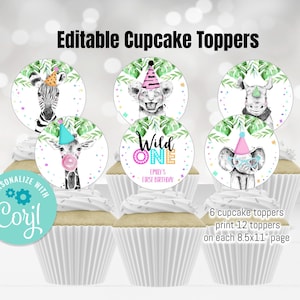 Bewerkbare feestbeesten verjaardag cupcake toppers gunsttags wilde dieren dierentuin safari dieren meisje verjaardag download afdrukbare digitale
