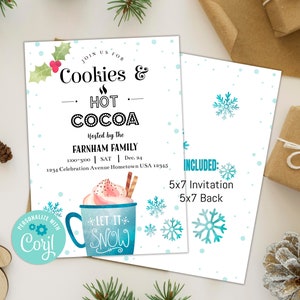 Editable Cookies and Cocoa Invitation Hot Cocoa Party Invitation Cookies and Milk Birthday Christmas Download Printable Template Corjl