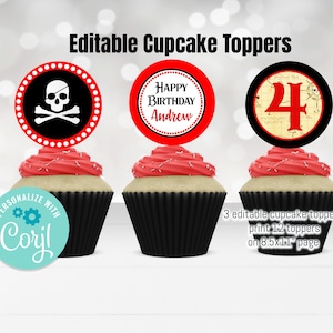 Fiesta Pirata Editable, Cupcake Toppers, Etiquetas de Favor, Decoración de Fiesta Pirata, Decoraciones de Fiesta Pirata, Cumpleaños Pirata Digital