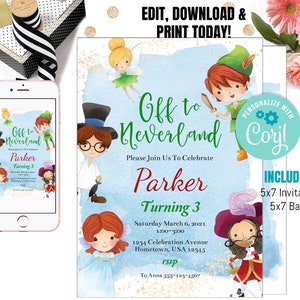 Invitation d&#39;anniversaire modifiable Peter Pan et la fée clochette, invitation Peter Pan aquarelle, invitation pays imaginaire, invitation d&#39;anniversaire pirate